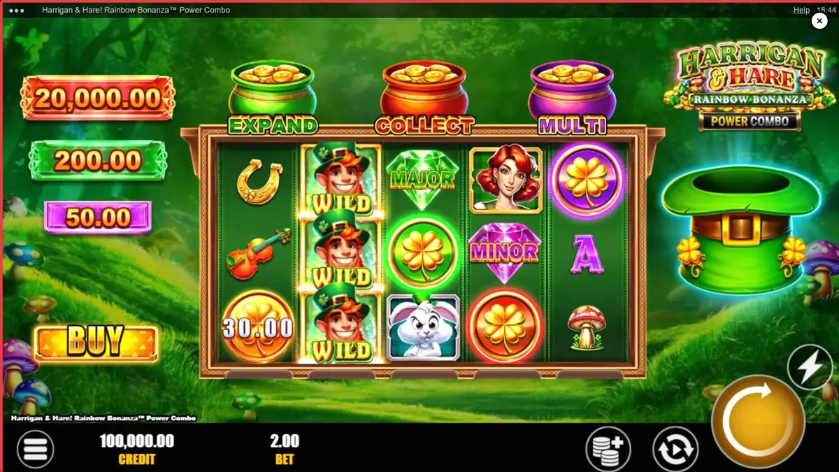 Harrigan & Hare Rainbow Bonanza Power Combo slot machine interface with Irish theme